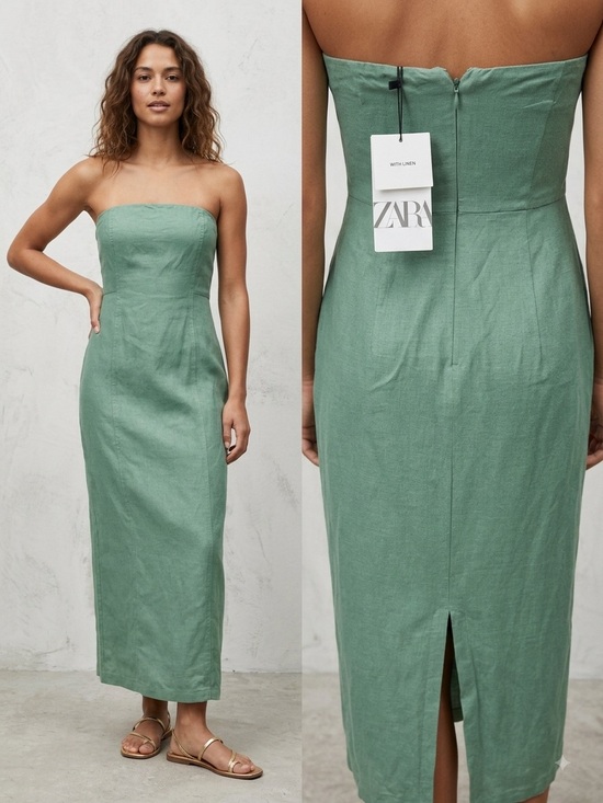 Zara Dresses & Skirts - Zara Strapless Midi Dress in Sage Green with Linen